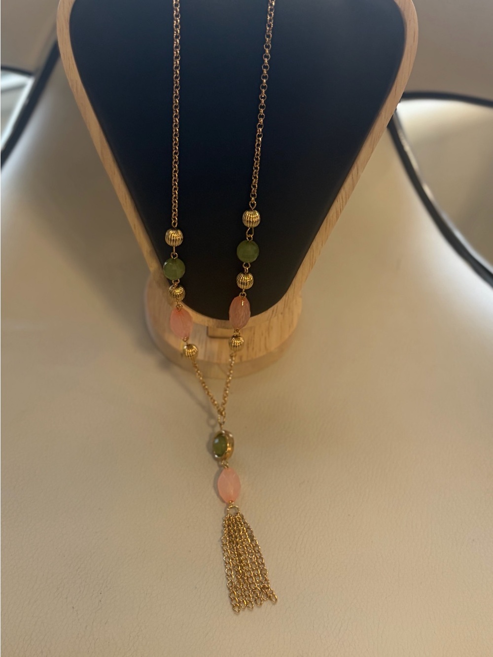 Gold Tassel Necklace with Pink and Green Beads by